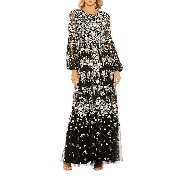 Mac Duggal  Floral Tulle Puff-Sleeve Maxi Gown Size 14 NWT - Picture 3 of 10